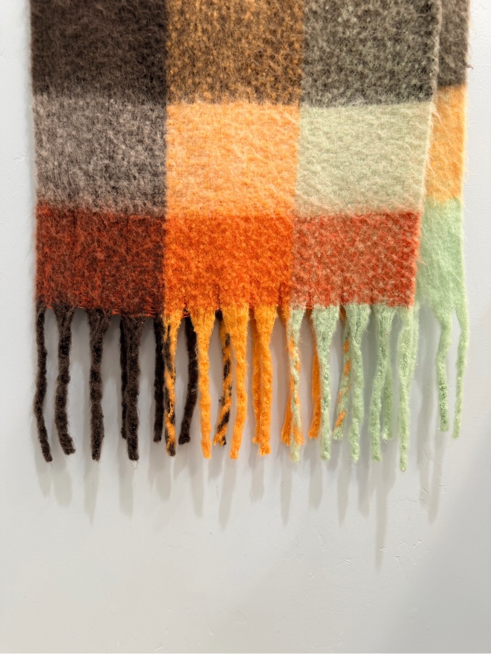 Steve Madden Multicolor Plaid Oversized Fringe Scarf Wrap Orange Brown Mint Boho - Picture 3 of 9